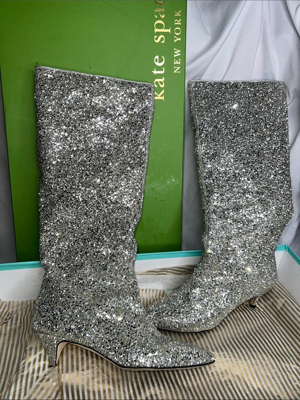 Kate Spade Olina Silver Glitter Tall Boots Kitten Heels In Box 8.5 - Picture 10 of 17